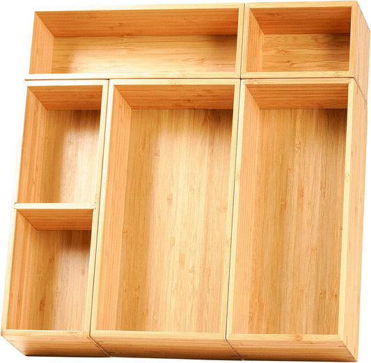 Umilife Drawer Organizer Storage Boxes, 2.5" High Bamboo Drawer Dividers, 5 Rearrangeable Bins for Kitchen, Office Desktop, Clothing, Makeup, vanity, Jewelry