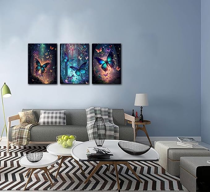 3Pcs Framed Butterfly canvas Wall Art Fantasy forest butterfly wall decoration picture Butterflies poster print Painting Modern Artwork for Home Bathroom Bedroom Living Room Decoration Ready to Hang