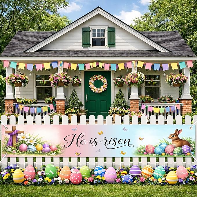 Easter Banner He Is Risen Easter Decorations Resurrection Cross Spring Christian Faith Decor 118×20 inch Religious Easter Banner for Yard Fence Wall Door Porch Indoor Outdoor Church Display