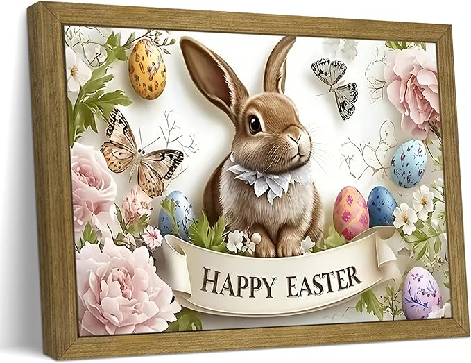 Framed Easter Bunny Wall Art, Vintage Holiday Decor Oil Painting, Rustic Farmhouse Spring Animal Wall Decor, Cute Rabbit Easter Eggs Canvas Print Paintings for Living Room Bedroom Nursery 16x24 Inch