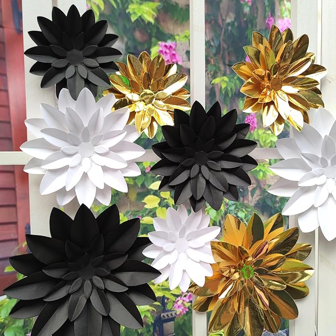 3D Paper Flower for Wall Wedding Backdrop Bridal Shower Party Centerpieces Home Wall Decor Pack of 9 (Black White Gold)