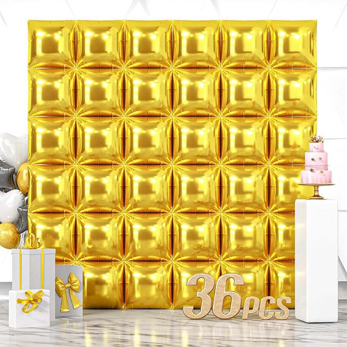 NISOCY 36PCS Gold Square Foil Balloons Wall Backdrop Metallic Double Sided Gold Christmas Balloons Tunnel Arch Kit for New Year Birthday Anniversary Graduation Party Decorations