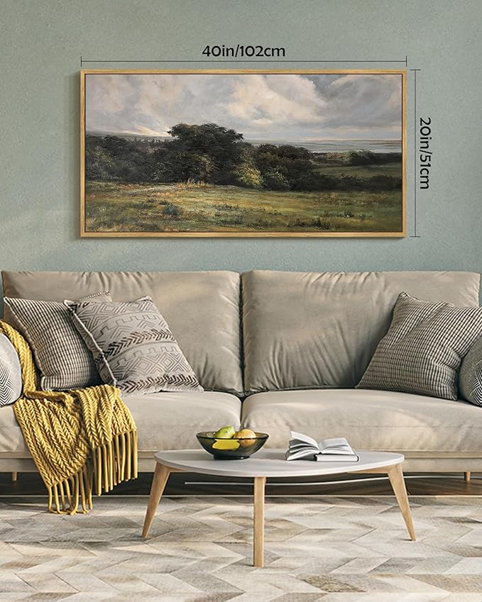 SHENIFY Vintage Landscape Framed Wall Art Rustic Countryside Meadow Farmhouse Decor Retro Vast Grassland Painting for Hallway Bedroom Living Room Dining Room - 20x40in Natural Framed