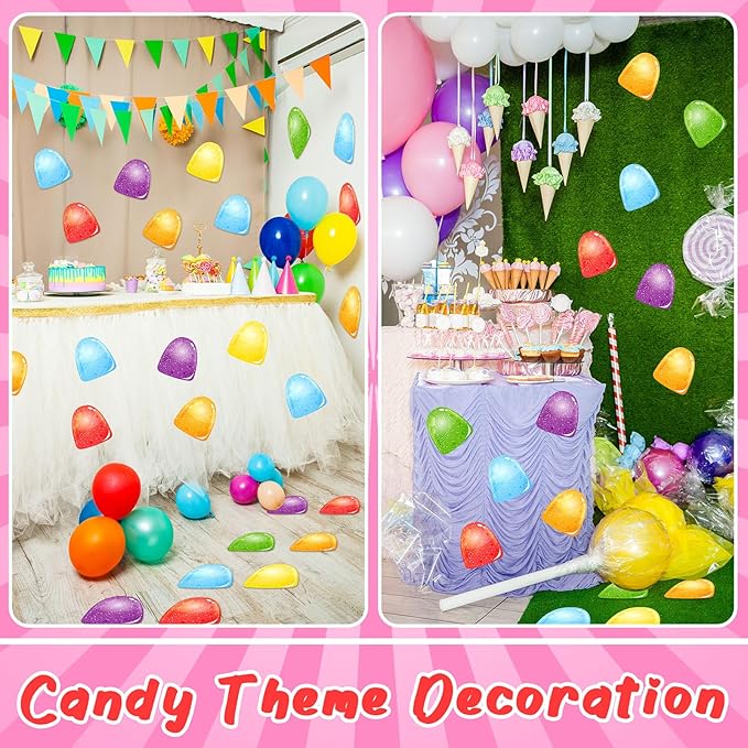 Spakon 30 Pcs Candy Birthday Party Decorations Candy Themed Floor Stickers Colorful PVC Gumdrop Jelly Wall Decals for Christmas Trunk or Treat Party Supplies
