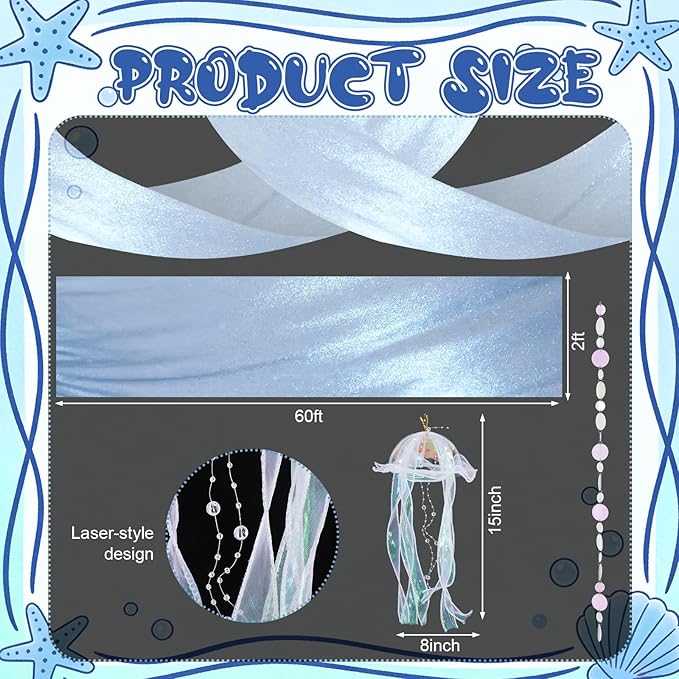 1.97 x 9.83 ft 11 Pcs Ocean Classroom Ceiling Decoration Kit Summer Under The Sea Beach Classroom Decoration Coastal with 3 Blue Organza and 4 Jellyfish 4 White Disc for Party Office School