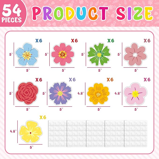 JOETMAE 54Pcs Spring Summer Floral Paper Cutouts - Flower Cut-Outs for Spring Bulletin Board, Party Home Classroom Wall Decoration, Back to School Decor