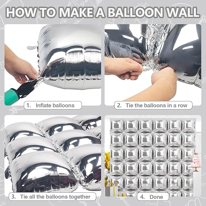 NISOCY 36PCS Metallic Silver Square Foil Balloons Wall Backdrop Chrome Silver Balloons Tunnel Garland Arch Kit for New Year Anniversary Bachelorette Birthday Engagement Bridal Shower Party Decorations