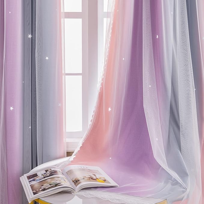 XiDi Curtains for Bedroom Decor, Rainbow GreyPinkPu-34-54