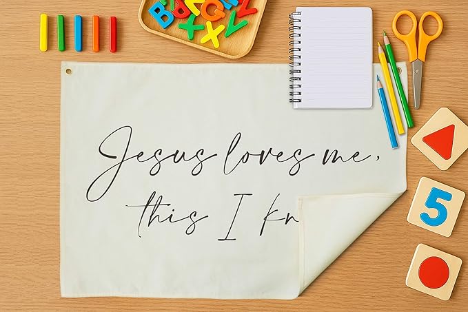 Christian Bible Verse Scripture Nursery Canvas Banner-Rectangular Flag Sign for Baby Boy Girl Kid,Bedroom Playroom Above Crib Decoration,Baby Shower Baptism Christmas Gift-Jesus Loves Me This I Know