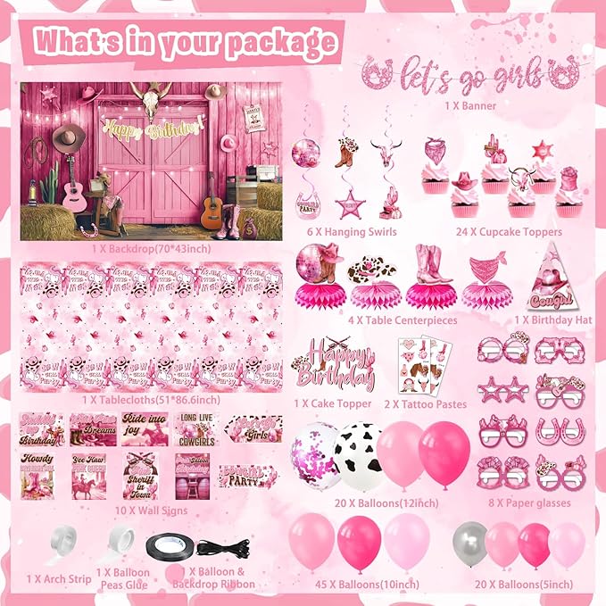 Cowgirl Party Decorations, 144 Pcs Pink Cowgirls Cow Girl Bday Party Decor Supplies for Girls - Backdrop, Banner, Tablecloths, Centerpieces, Paper Glasses, Hat, Stickers, Wall Signs