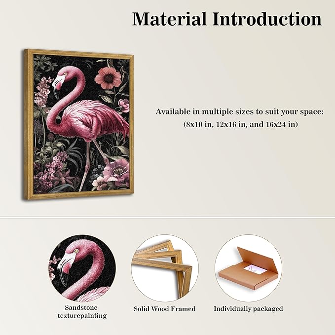 Framed 3D Textured Wall Art, Hand Drawn Sandstone Flamingos Wall Decor Paintings, Vintage Animal Floral Botanical Aesthetic Picture, Pink Academia Decor for Living Room Bathroom Home 12x16 inch