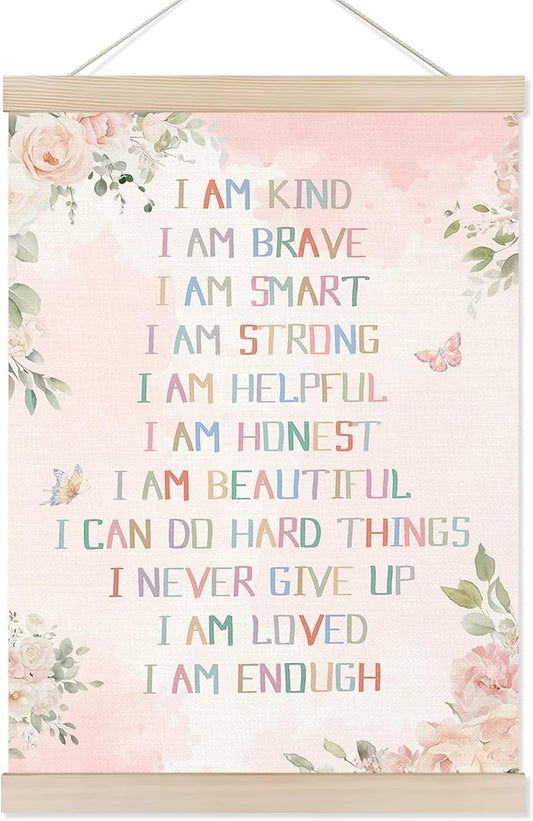 Koesus Inspirational Girls Nursery Wall Art Poster Hanger Frame 12x16 Inch, Boho Pink Floral Positive Affirmation Canvas Pictures Prints Framed Wall Decor for Toddler Girls Room Nursery Playroom