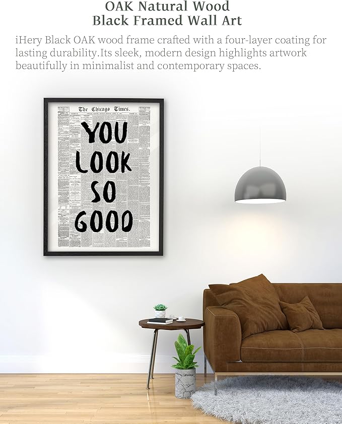 iHery Premium Natural Black OAK Wood 16x20in You Look So Good Trendy Inspirational Framed Wall Art, Vintage Girl Newspaper Motivational Canvas Wall Decor For Dorm Bedroom Living Room Posters 1Pack