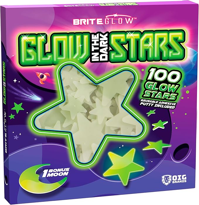 OIG Brands 100 PK Green Glow in The Dark Stars for Ceiling Easter Basket Stuffers for Kids - Star Brite Plastic Glow Stars with Moon & Putty Ages 4,5,6,7,8,9,10,11,12 for Bedroom Space Night Light