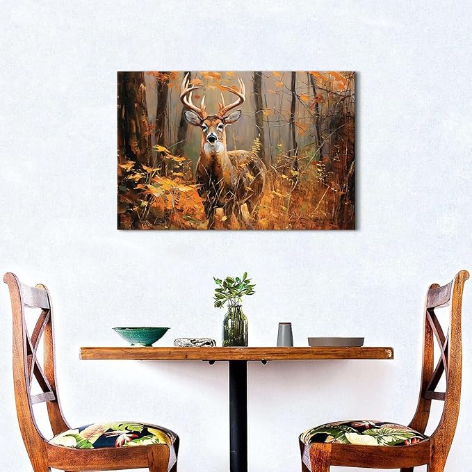 Fall Forest Wall Art Deer Wall Decor Autumn Maple Leaves Landscape Painting Wildlife Animal Canvas Prints Nature Wildflower Pictures Woodland Artwork for Kitchen Living Room Home Decorations 16x24"