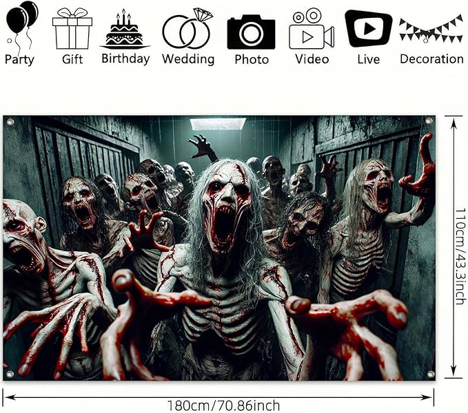 Halloween Banner 71x43 Inch Zombie Backdrop Scary Haunted House Wall Decor for Spooky Halloween Decorations Indoor Outdoor Party Supplies