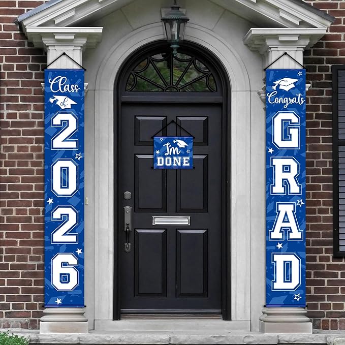 Moukeren 3 Pieces 2026 Graduation Party Decorations Graduation Porch Sign Class of 2026 Grad Hanging Porch Banner Backdrop Door Sign for Grad Party Home Door Wall Decor(Blue)