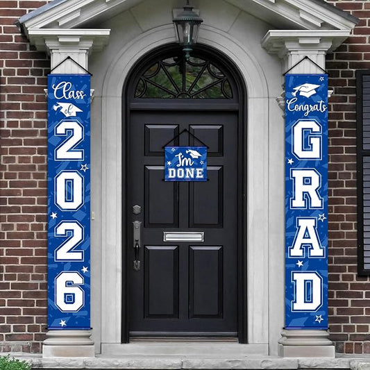 Moukeren 3 Pieces 2026 Graduation Party Decorations Graduation Porch Sign Class of 2026 Grad Hanging Porch Banner Backdrop Door Sign for Grad Party Home Door Wall Decor(Blue)