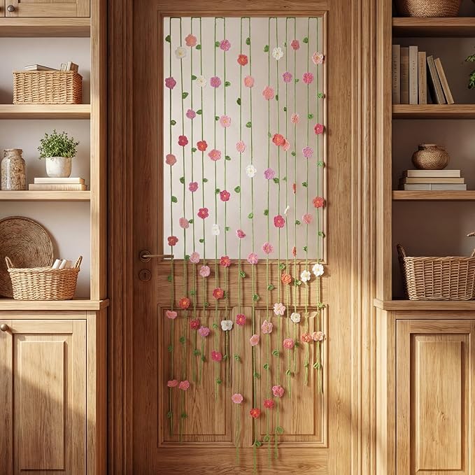 12 Pcs Handmade Crochet Flower Garland Decor Knitting Spring Floral Garland Hanging Ornaments Boho Door Curtains Decoration for Backdrop Wall Window Fireplace Bedroom Birthday Wedding Party