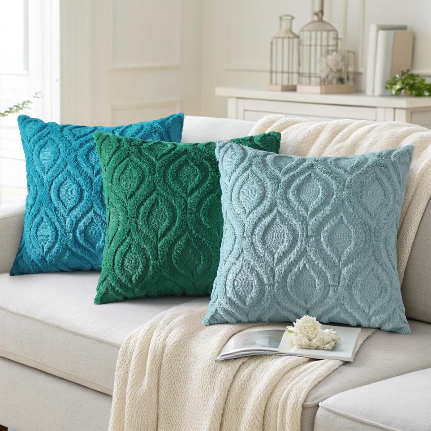 decorUhome Fall Throw Pillow Covers 22x22 Inch Set of 2, Soft Plush Decorative Faux Fur Turquoise Solid Couch Pillow Covers, Accent Farmhouse Neutral Square Euro Pillow Cases for Sofa Bed Living Room