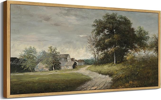 SHENIFY Vintage Landscape Framed Wall Art Rustic Cottage Countryside Farmhouse Decor Retro Painting for Kitchen Bedroom Living Room Bathroom - 8x16in Natural Framed