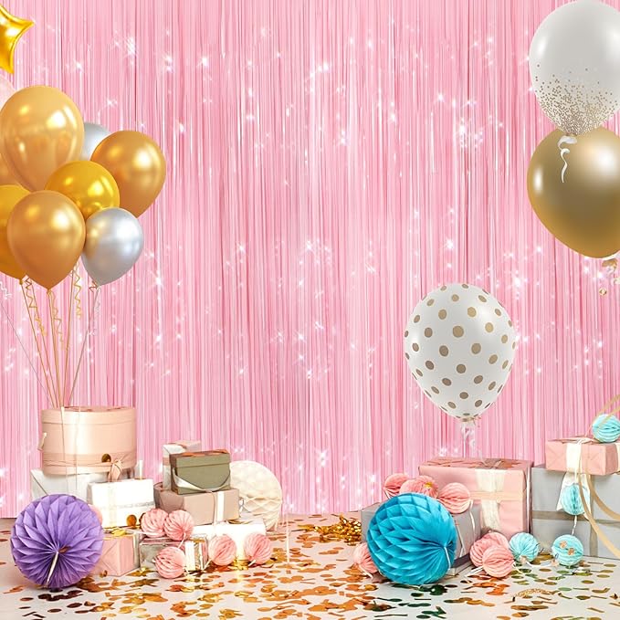 2Pack Pastel Pink Metallic Tinsel Foil Fringe Curtains, Pink Backdrop, Door Streamers Photo Booth Backdrop for Birthday Party, Tinsel Curtain Backdrop for Shower Bachelorette Xmas Party Decorations
