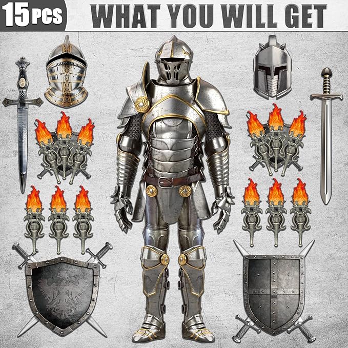 15 Pieces Medieval Party Decorations 6 Feet Jointed Suit of Armor Knight Cut Out Torch Props Medieval Shield Photo Prop for Castle Knight Renaissance Christmas Birthday Wall Decor Supplies Favors