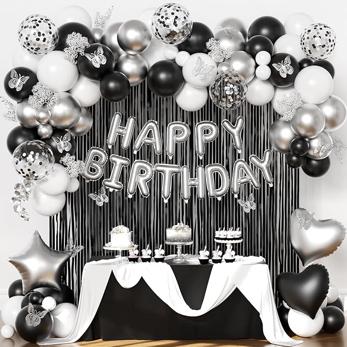 Black and Silver Birthday Decorations for Men Women, Black White Silver Confetti Balloons Happy birthday Banner Butterfly Fringe Curtains for 21st 25th 27th 30th Birthday Decorations