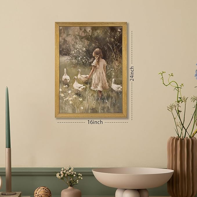 Wood Framed Canvas Wall Art, Vintage Girl with Ducks Painting Poster, Countryside Pastoral Landscape Print Picture, Rustic Farmhouse Wall Decor for Living Room Bedroom Nursery 16x24 inch