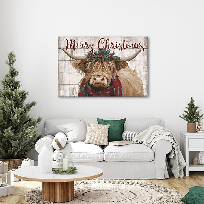 Merry Christmas Wall Art Farmhouse Highland Cow Pictures Wall Decor for Living Room Rustic Country Farm Animal Canvas Prints Vintage Christmas Artwork for Kitchen Dining Room Home Decorations 32x48"
