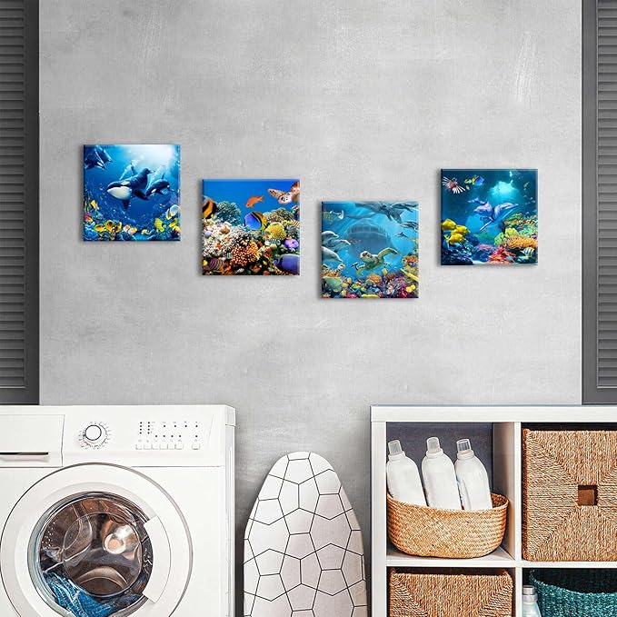 Sea Animal Wall Art Ocean Bathroom Pictures Nautical Turtle Dolphin Fish Whale Wall Decor Blue Undersea World Coral Reef Landscape Canvas Prints Painting Coastal Posters Artwork Decoration 12x12” 4Pcs
