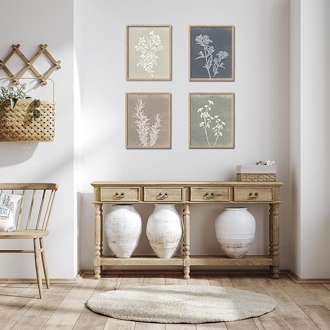 Liswit Framed Boho Wall Art Set of 4 for Wooded Minimalist Botanical Print Wall Art for Rustic Vintage Farmhouse Home Kitchen Wall Decor (Brown, 12x16)