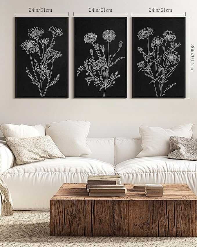 Drsoum Vintage Boho Botanical Flower Wall Art Framed Retro Floral Wall Prints Wildflower Neutral Rustic Bohemain Artwork Kitchen Bedroom Ready to Hang 24x36in Black Framed