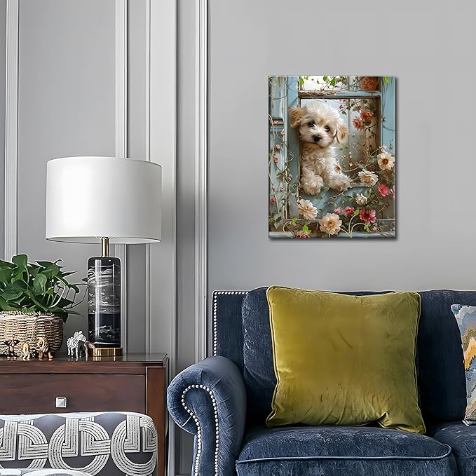 Framed Poodle Canvas Wall Art, Funny Teddy Dog Poster Print, Abstract Dog Standing Among Flowers Painting Wall Decor for Dormitory Restroom Bedroom Kids Room Decor 16x24 inch
