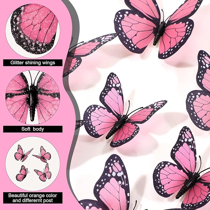 Chuangdi 48 Pcs Pink Monarch Butterfly Decorations 3 Size Fake Butterflies Realistic Butterfly Craft Artificial Mariposas Wall Decor for Craft Wedding Home Birthday Party (3.2inch,4inch,4.7inch)