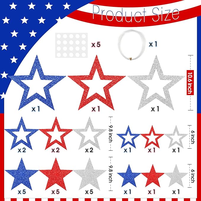 30 Pcs Large American 250th Anniversary Star Cutouts Paper Decorations 3 Sizes 6" 9.8" 10.6" Double Printed Patriotic Star Cardboard Wall Decor for Festival Graduation Party Bulletin Board Decor