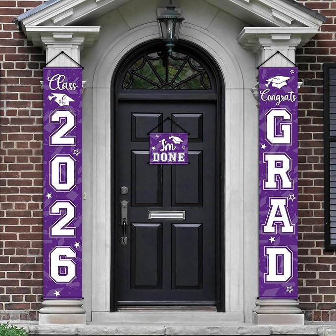 Moukeren 3 Pieces 2026 Graduation Party Decorations Graduation Porch Sign Class of 2026 Grad Hanging Porch Banner Backdrop Door Sign for Grad Party Home Door Wall Decor(Purple)