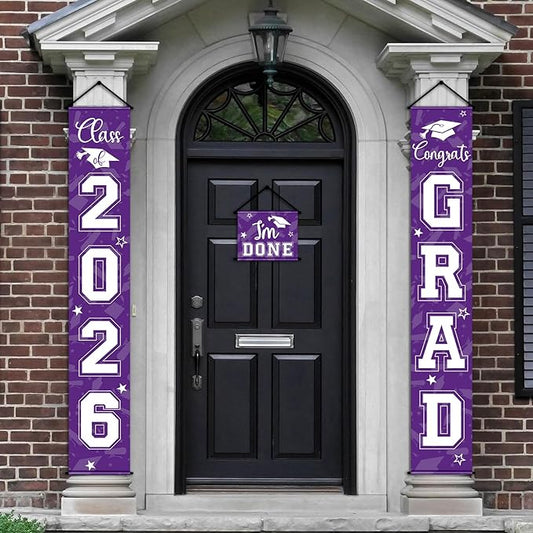 Moukeren 3 Pieces 2026 Graduation Party Decorations Graduation Porch Sign Class of 2026 Grad Hanging Porch Banner Backdrop Door Sign for Grad Party Home Door Wall Decor(Purple)