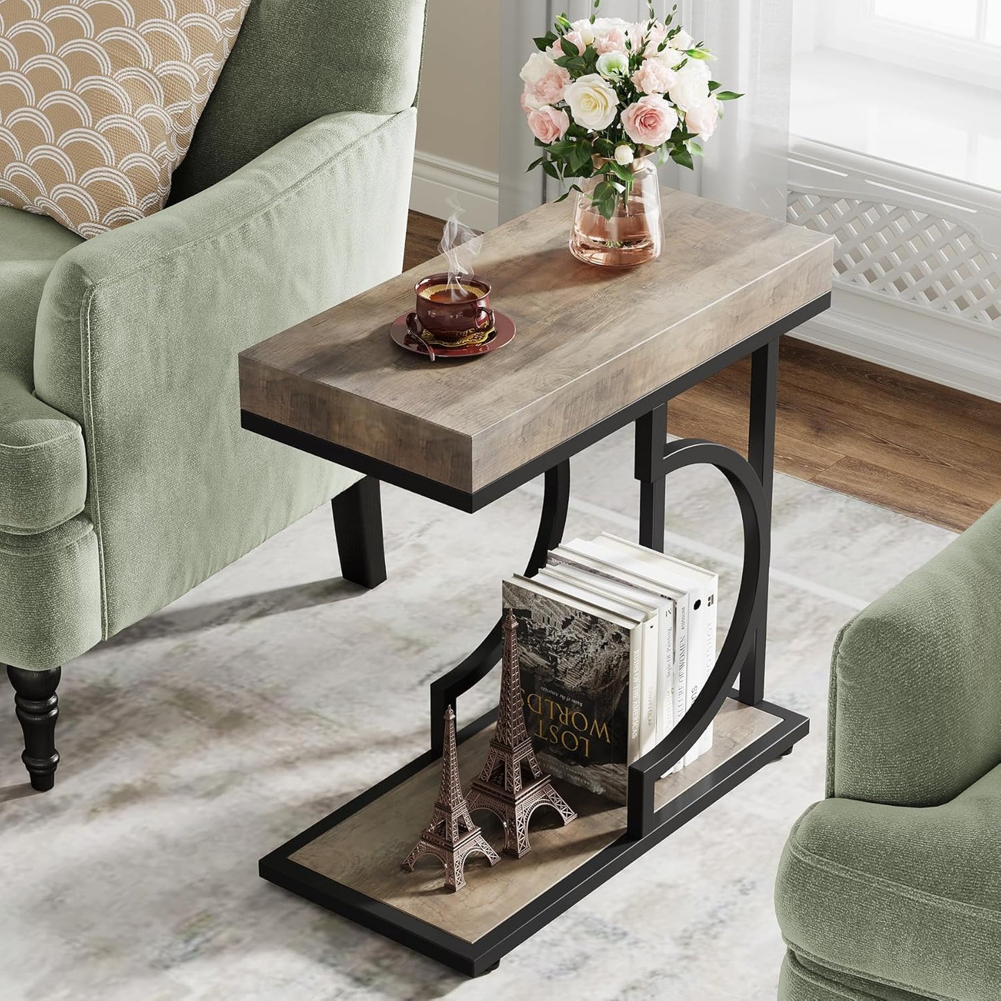Tribesigns Narrow Side Table C Shaped End Table Modern Bedside Tables for Couch, Small Sofa Chairside Tables with Metal Frame for Living Room (1, Gray+Black)
