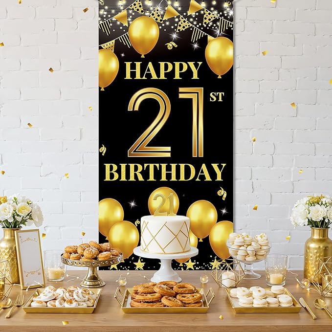 Vicycaty 21st Birthday Decorations for Him & Her, Fabric Happy 21st Birthday Banner Backdrop, 21 Photo Props, Wall Decor, Yard Sign Supplies,Party Decor for Men Women, Black Gold,Indoor Outdoor Use