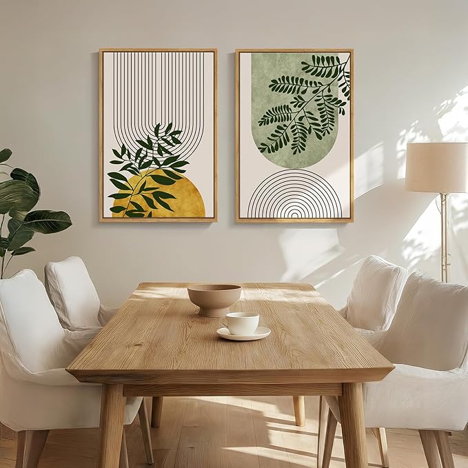 Framed Green Boho Wall Art for Living Room, Large Set of 2 Geometric Botanical Artwork for Walls, Bohemian Modern Neutral Canvas Painting Prints for Bedroom Office Kitchen Hallway Wall Decor, 20x30 In