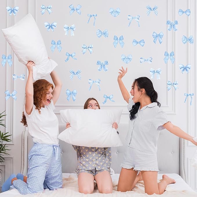 A1diee Blue Bow Wall Stickers - 60Pcs Trendy Light Blue Watercolor Coquette Aesthetic Wall Stickers Bow Knot Baby Room Decor Vinyl Decals Art Wallpaper for Boys Girls Bedroom Kindergarten Nursery
