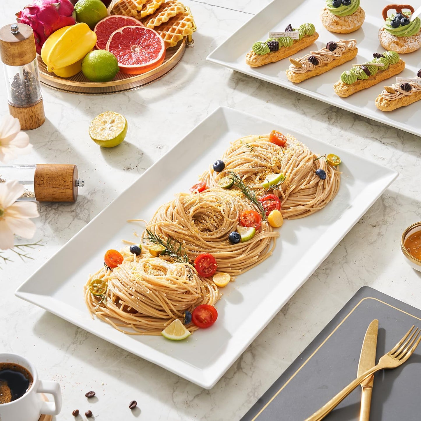 MIECOO Large Serving Platters, 18.5" x 11.5" White Serving Trays Set, Rectangular Porcelain Plates for Party, Wedding, Birthday, Entertaining, Food, Appetizer, Fruit, Sushi, Dessert, Set of 2