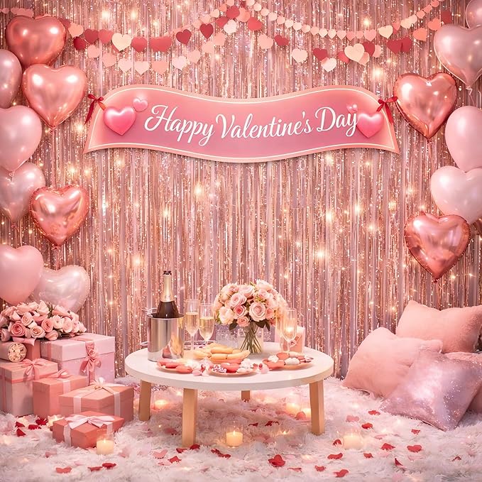 Foil Fringe Curtains Valentines Backdrop Party Decorations - Melsan 3 Pack 3.2 x 8.2 ft Tinsel Curtain Party Photo Backdrop for Birthday Party Baby Shower Rose Gold
