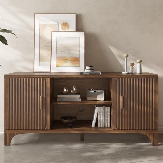 Tall Mid Century Modern TV Stand for 55/65 Inches Television, TV Console with Fluted Doors and Storage, Entertainment Center for Living Room and Bedroom, Dark Brown