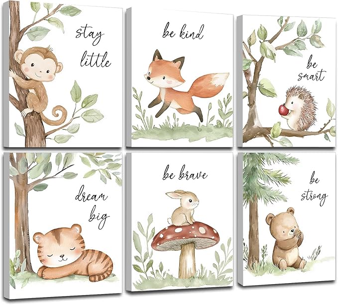 Framed Woodland Nursery Wall Art, Forest Animal Pictures Nursery Wall Decor, Safari Theme Wall Decor for Baby Kids Boy Girl Room (Framed, 8x10inch, Set of 6)