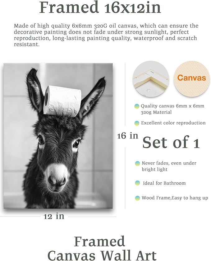 KensTro Funny Bathroom Wall Art Decor,12" x 16" Framed Canvas Bathroom Wall Art Picture,Black and White Donkey Toilet Paper Wall Art Animal Abstract Prints,Wall Decor for Bedroom Kid's Room,1Pack Gift