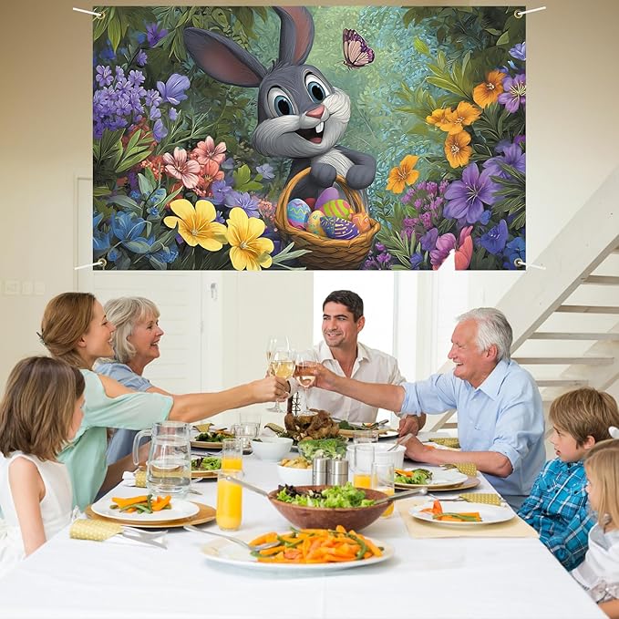 Happy Easter Backdrop 71" X 43" Happy Easter Day Banner Rabbit Party Decorations Bunny Photography Background