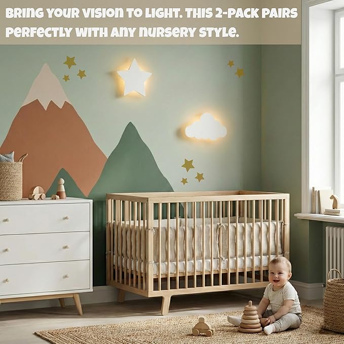 Cloud & Star Wall Lights 2 Pack Dimmable & Rechargeable Nursery Lights for Kids & Baby Room Decor White Made for Bedtime Routines (Star Decals Included)