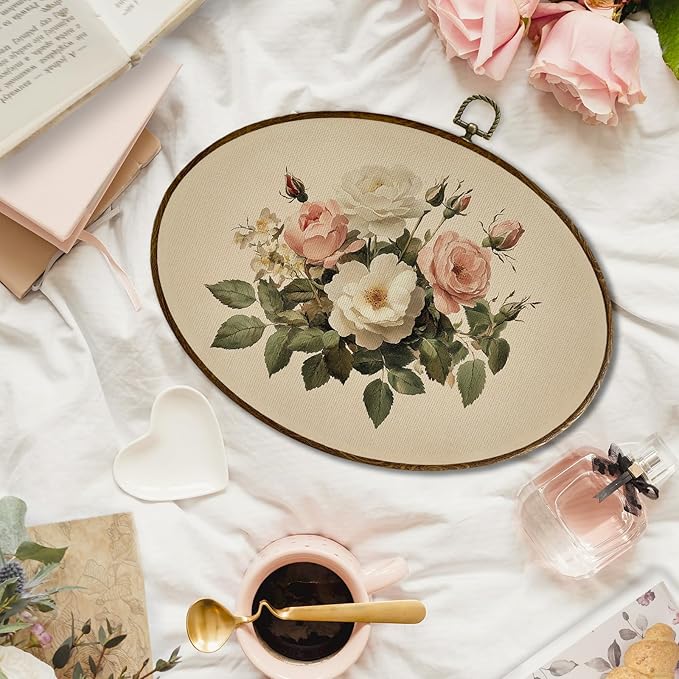 JQF Vintage Rose Floral Oval Wall Decor, Cottagecore Botanical Floral Oval Canvas Wall Art, Antique Country Flower Framed Prints Hanging Decor for Home Bedroom Living Room, 8.5x11.5 Inch